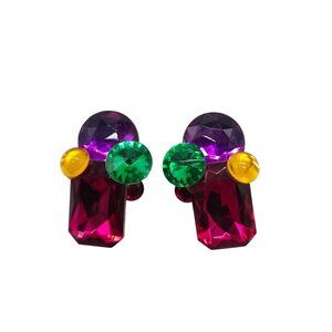 Vintage 1980s Colorful Acrylic Rhinestone Clip-On Earrings